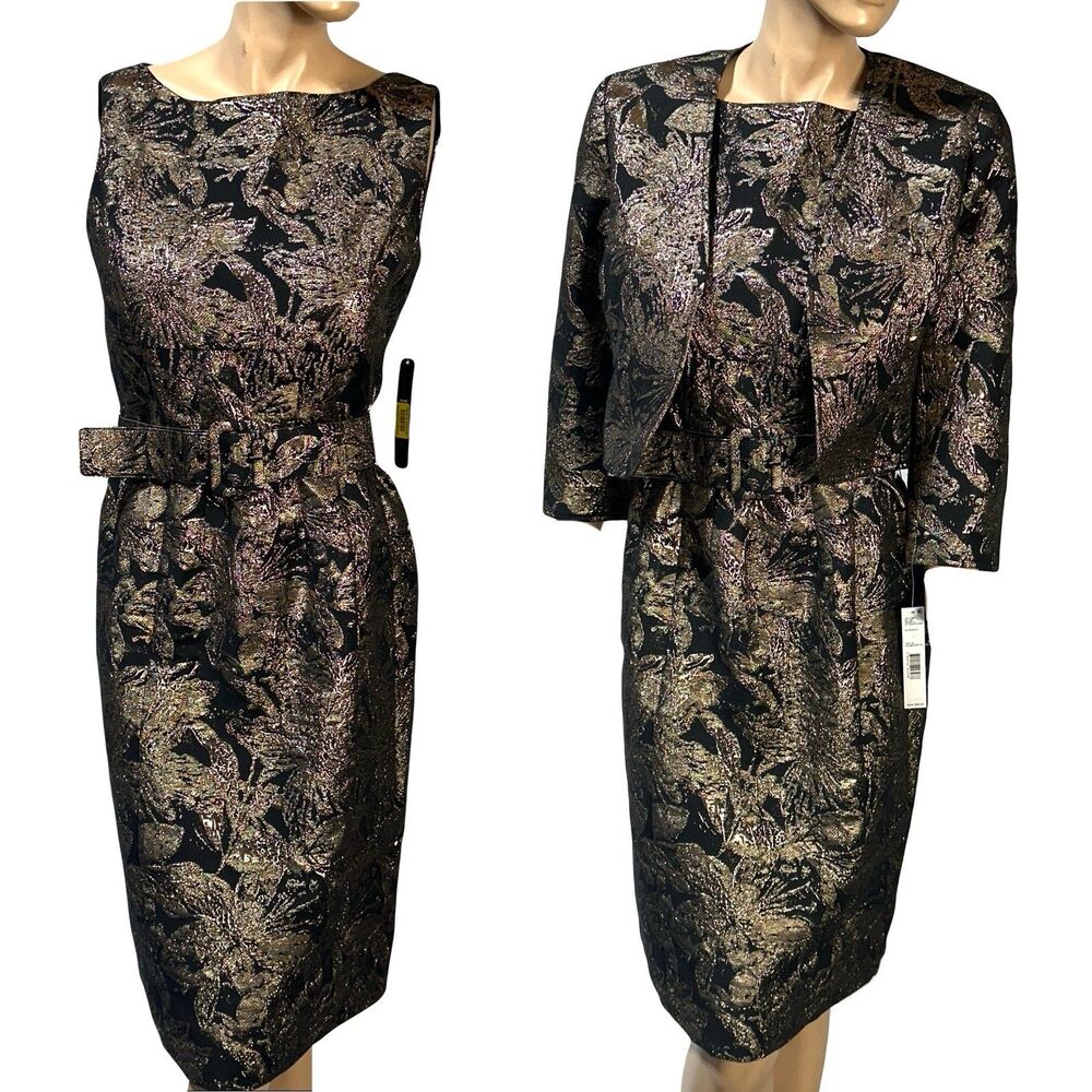 Presto & York Formal Suit Dress Jacket Black & Gold Jacquard Belted Size 6 NWT